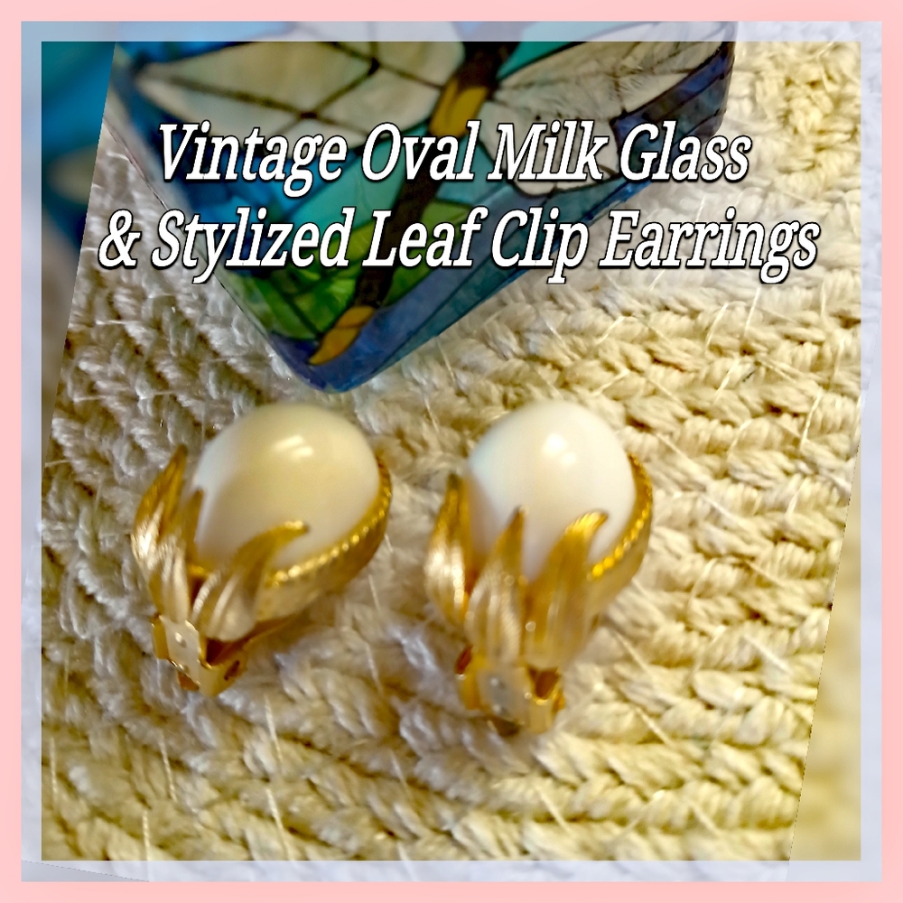 Vintage Oval Milk Glass Gold Clip-On Earrings with Leaf Design